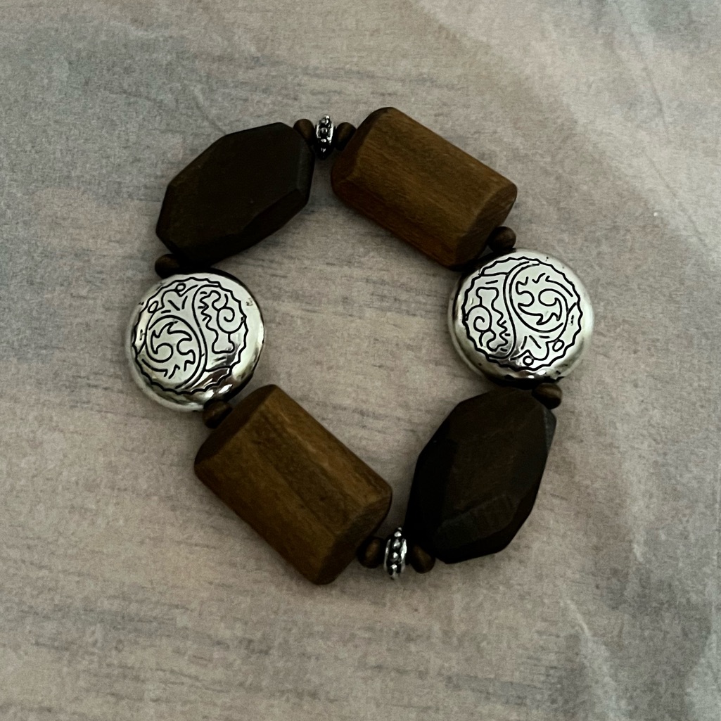 Two Tone Wood And Silver Tone Bead Stretch Bracelet
